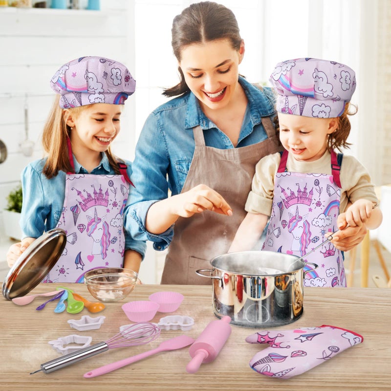 Anpro Complete Kids Cooking and Baking Set - 27 Pcs Includes Aprons for Girls  Chef Hat  Mitt & Utensil to Dress Up Chef Costume Career Role Play for 8-12 Years Girls - Image 3